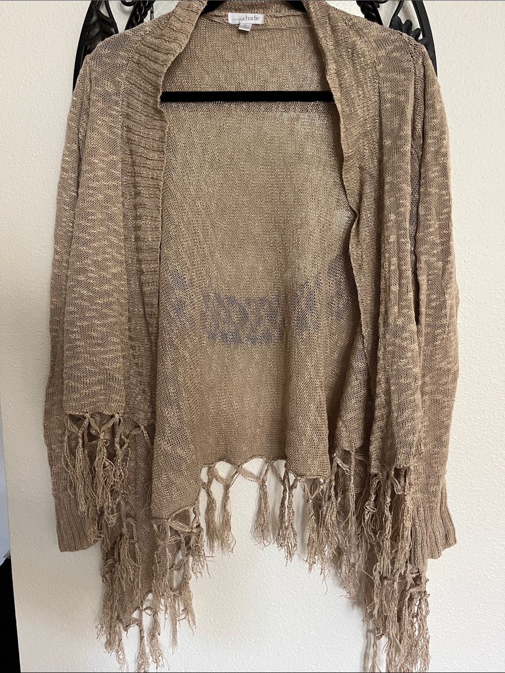 Soft Fringe Open-Front Sweater Cardigan - Beige